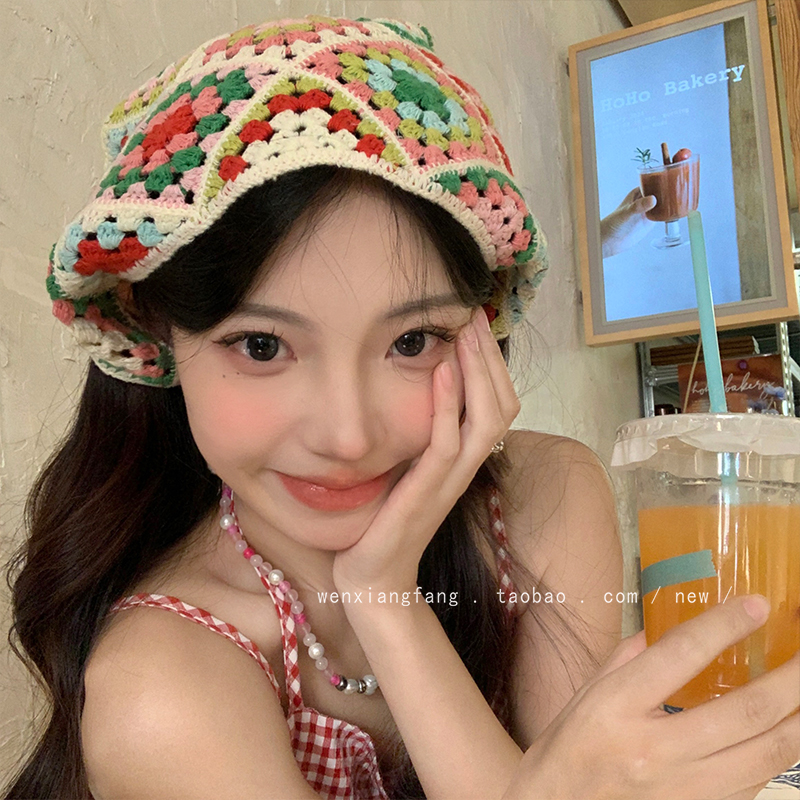 多巴胺彩色针织镂空三角头巾女
