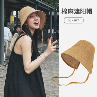 日系棉麻草帽女夏季 大帽檐凉帽海边度假防紫外线遮阳透气防晒帽子