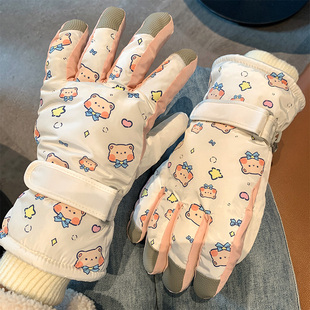可爱小熊五指滑雪手套女2025年秋冬季 保暖骑行防寒加绒加厚可触屏