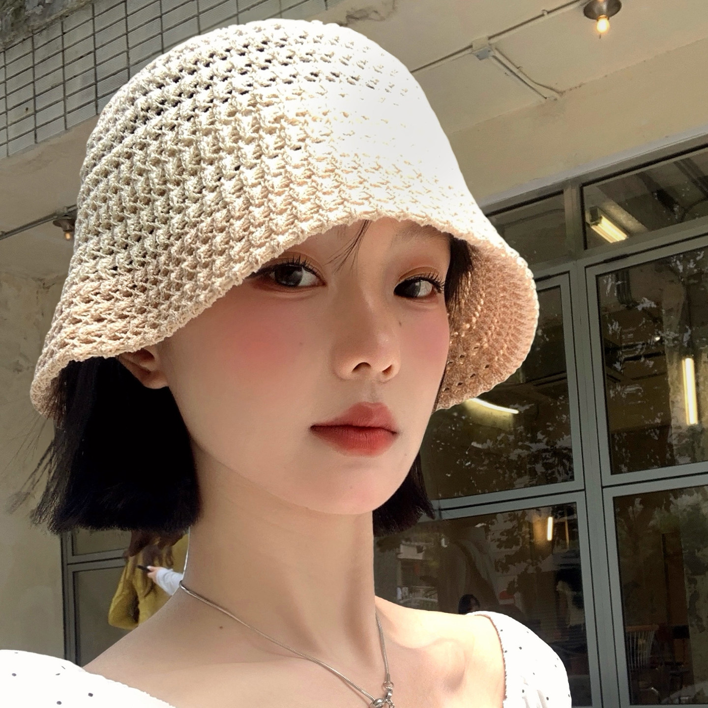 日系镂空撞色针织渔夫帽女夏季薄图片