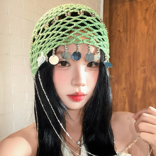 波西米亚风镂空亮片流苏包头帽女