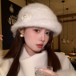 千金风山茶花针织兔毛绒礼帽女冬加厚保暖盆帽气质显脸小渔夫帽子
