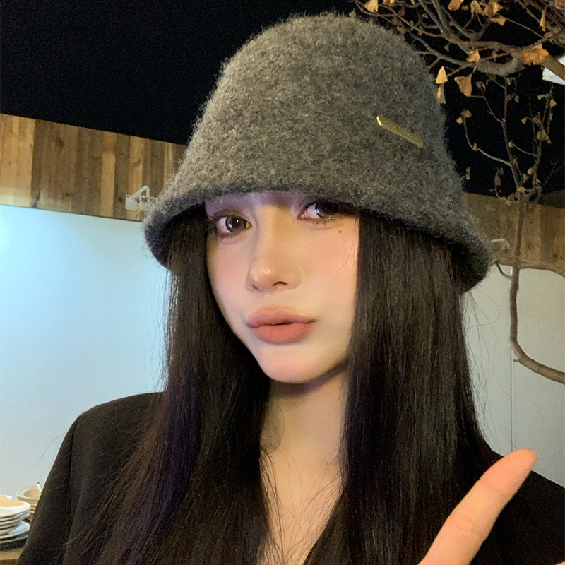 灰色毛绒针织渔夫帽女2025秋冬