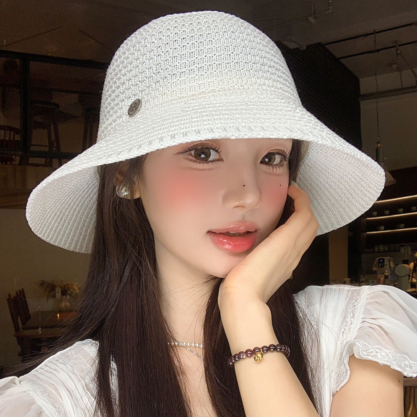 白色镂空针织渔夫帽女夏薄款透气显脸小水桶帽大帽檐遮阳防晒帽子