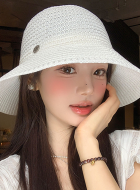 白色镂空针织渔夫帽女夏薄款透气显脸小水桶帽大帽檐遮阳防晒帽子