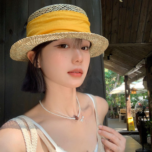 老钱风复古咸草平顶草帽女夏草编礼帽海边度假沙滩帽遮阳防晒帽子