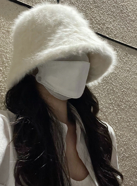 高级感白色兔毛渔夫帽女2025新款冬季毛绒盆帽大头围保暖水桶帽子