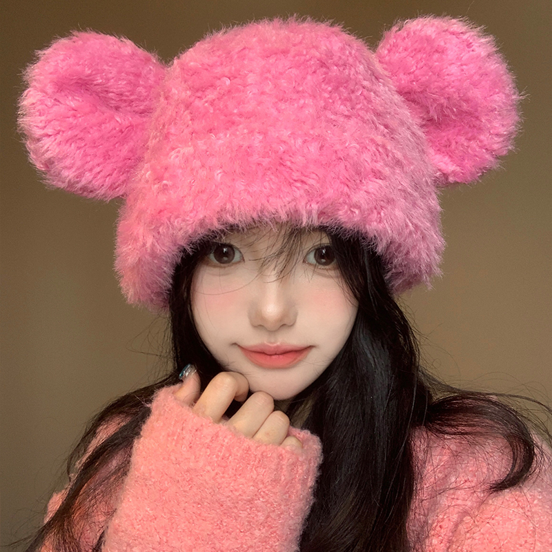 可爱小熊耳朵粉色毛绒帽女2025年