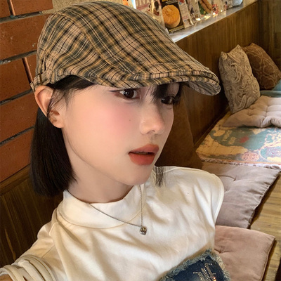 日系复古贝雷帽女百搭格子显脸小