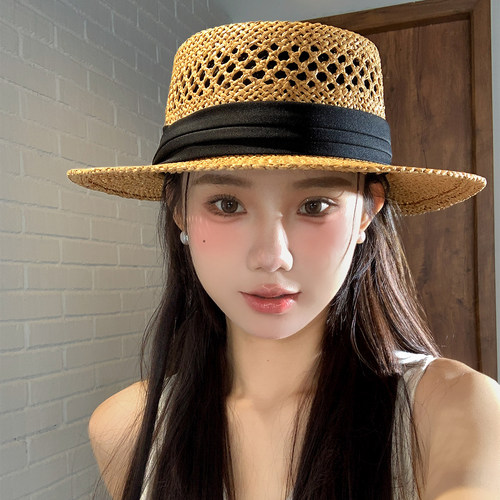法式老钱风复古镂空平顶草帽女夏