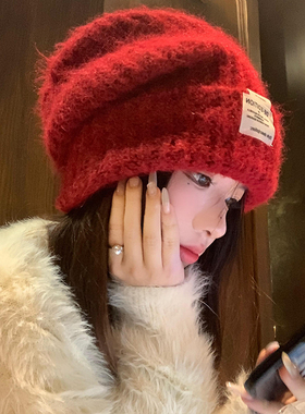 大头围红色毛线帽子女2026年秋冬季百搭针织帽显脸小保暖护耳盆帽