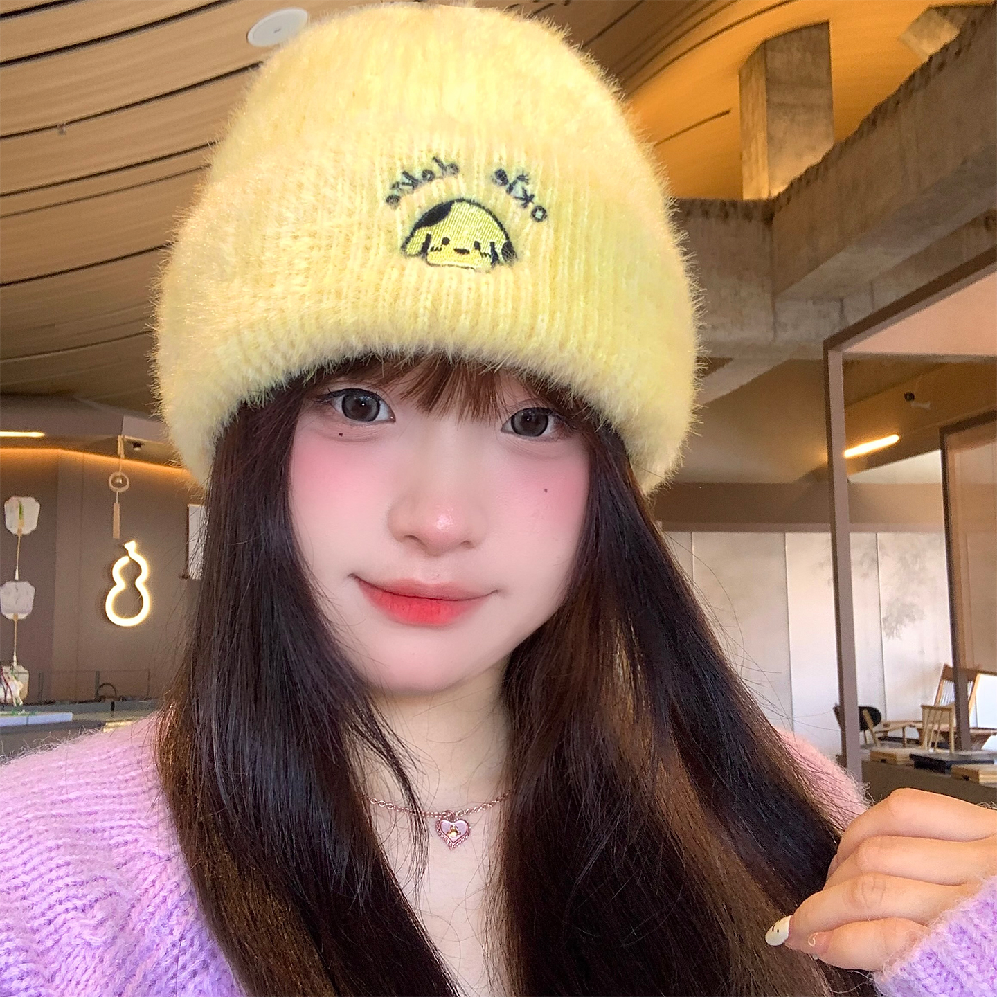 可爱小狗刺绣黄色针织毛线帽女秋