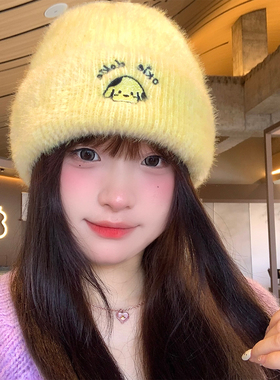 可爱小狗刺绣黄色针织毛线帽女秋冬季显脸小保暖毛绒帽大头围帽子