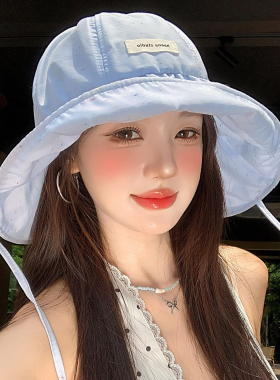 彩点蓝色大帽檐渔夫帽女夏薄款防晒防紫外线盆帽户外遮阳太阳帽子