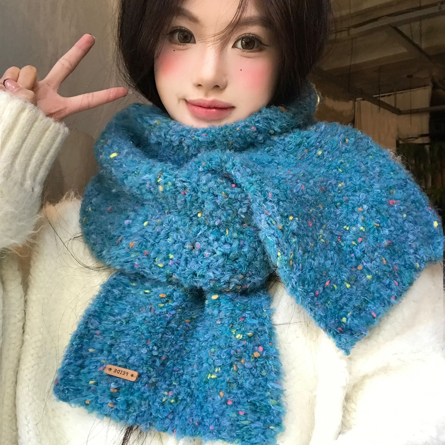 韩版彩色小糖豆蓝色针织围巾女士冬季氛围感防寒保暖加厚护颈围脖