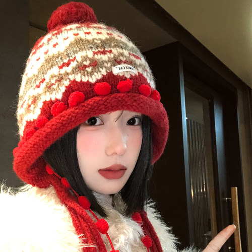 费尔岛红色提花流苏针织帽子女冬