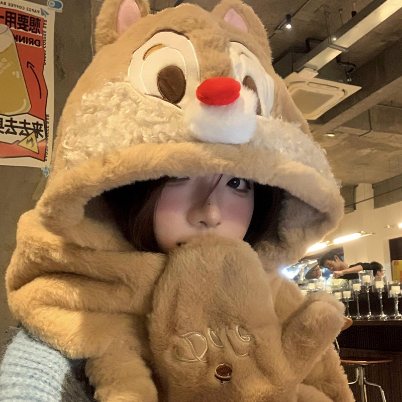 正版迪士尼奇奇蒂蒂毛绒帽子围巾