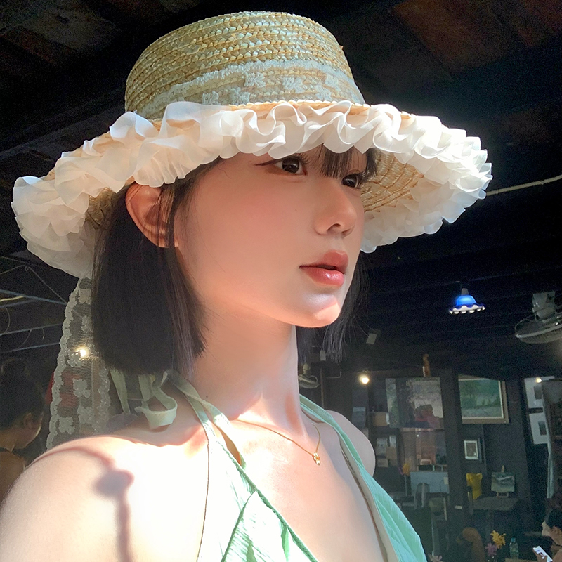 蝴蝶结蕾丝郁金香草帽女夏季法式