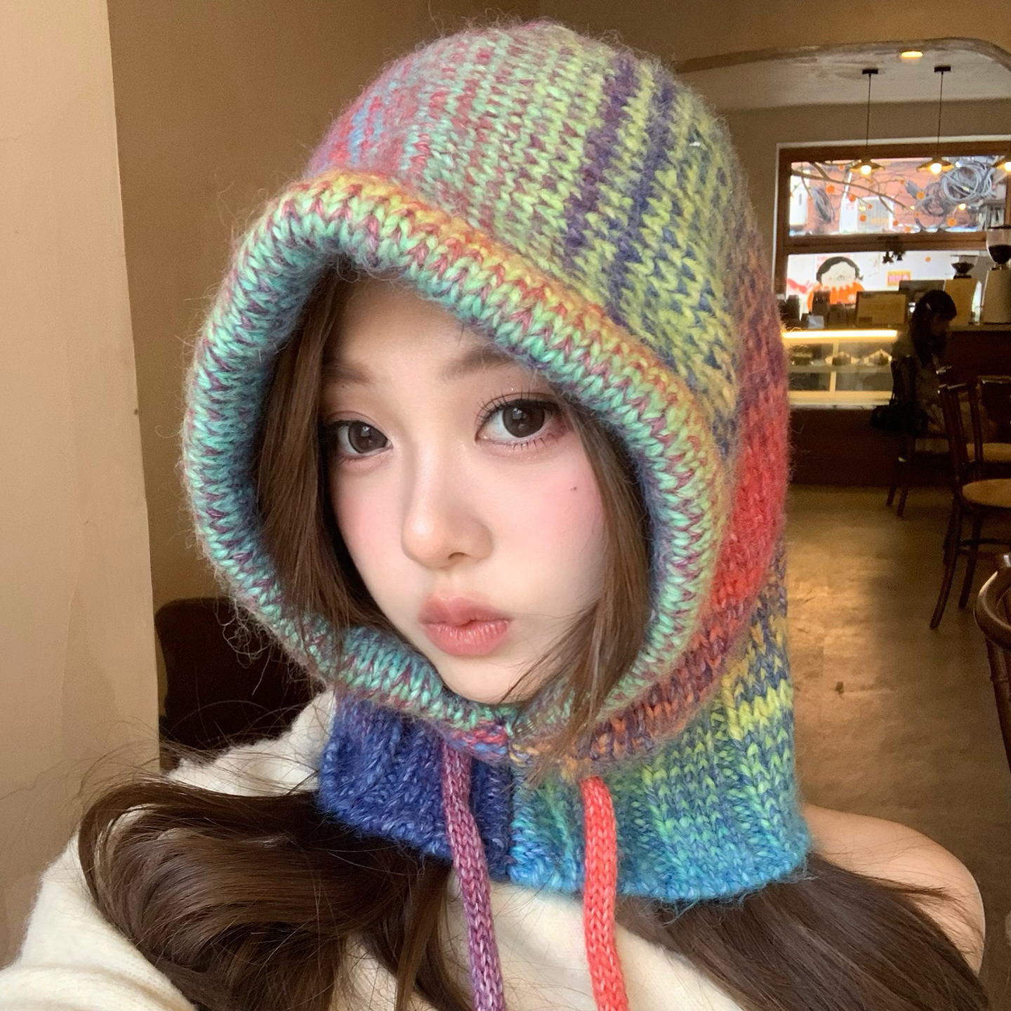 巴拉克拉法帽子彩色毛线帽围脖女