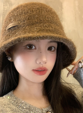 美拉德咖色针织渔夫帽女秋冬复古防寒保暖盆帽显脸小毛线水桶帽子