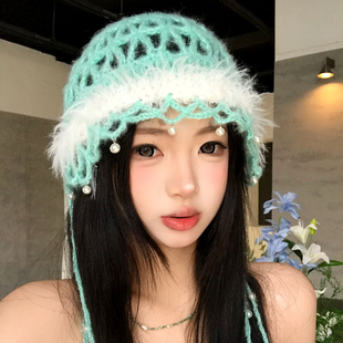 镂空毛绒珍珠流苏包头帽女夏季透气显脸小旅游出片针织帽子毛线帽