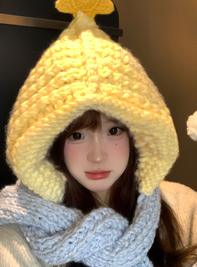 手工钩针黄色星星针织帽子围巾一体女生冬季巴拉克拉法帽毛线连帽