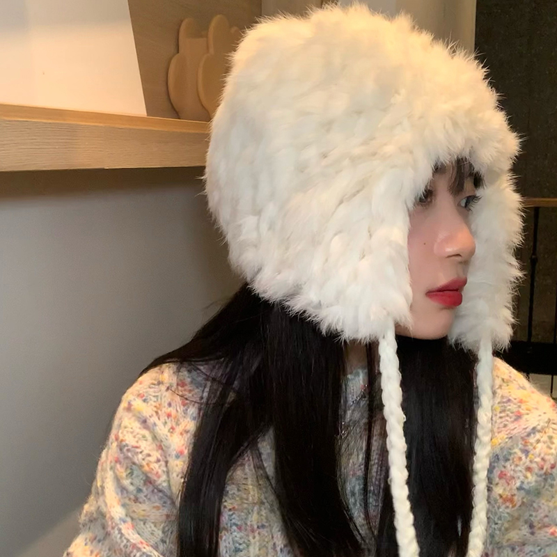 韩版显脸小白色兔毛帽子