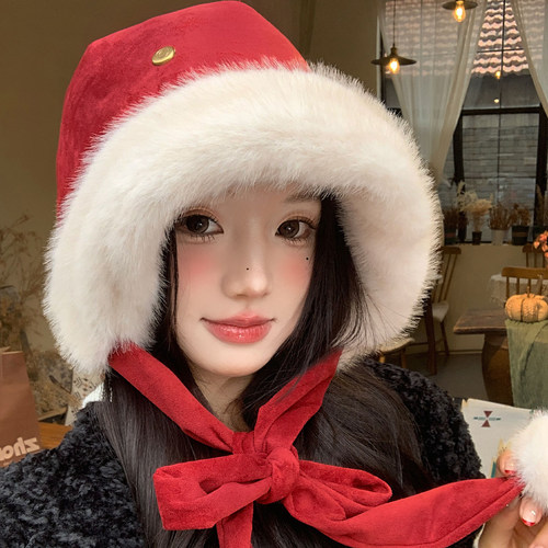 红色麂皮绒新年圣诞护耳雷锋帽女