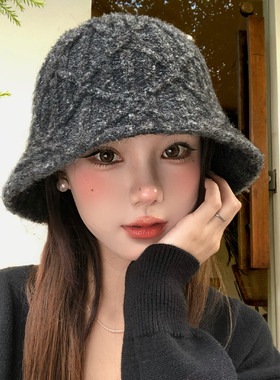 灰色菱形格子针织渔夫帽女秋冬