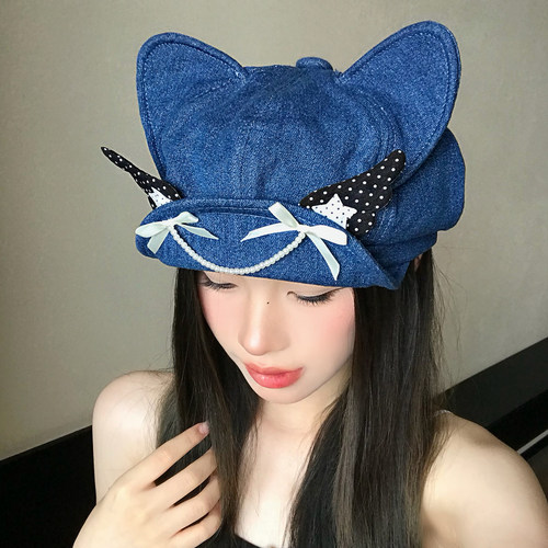日系牛仔猫耳朵贝雷帽女甜美蝴蝶