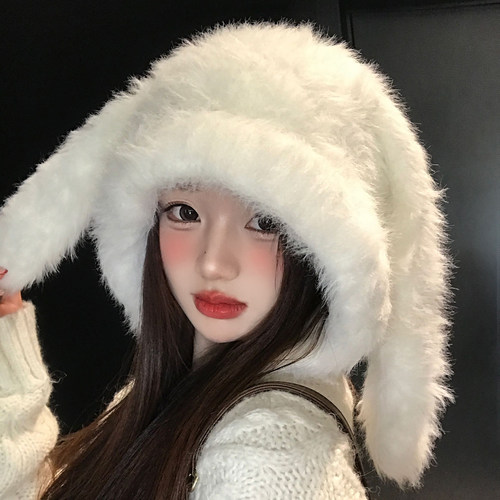 可爱兔耳朵毛绒针织帽女冬季加绒