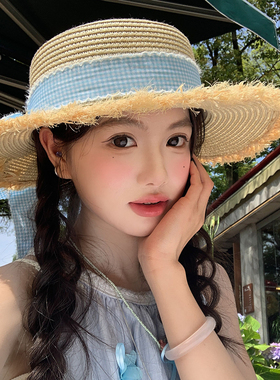 田园风蓝色格纹蝴蝶结草帽女夏度假海边遮阳防晒帽大帽檐太阳帽子