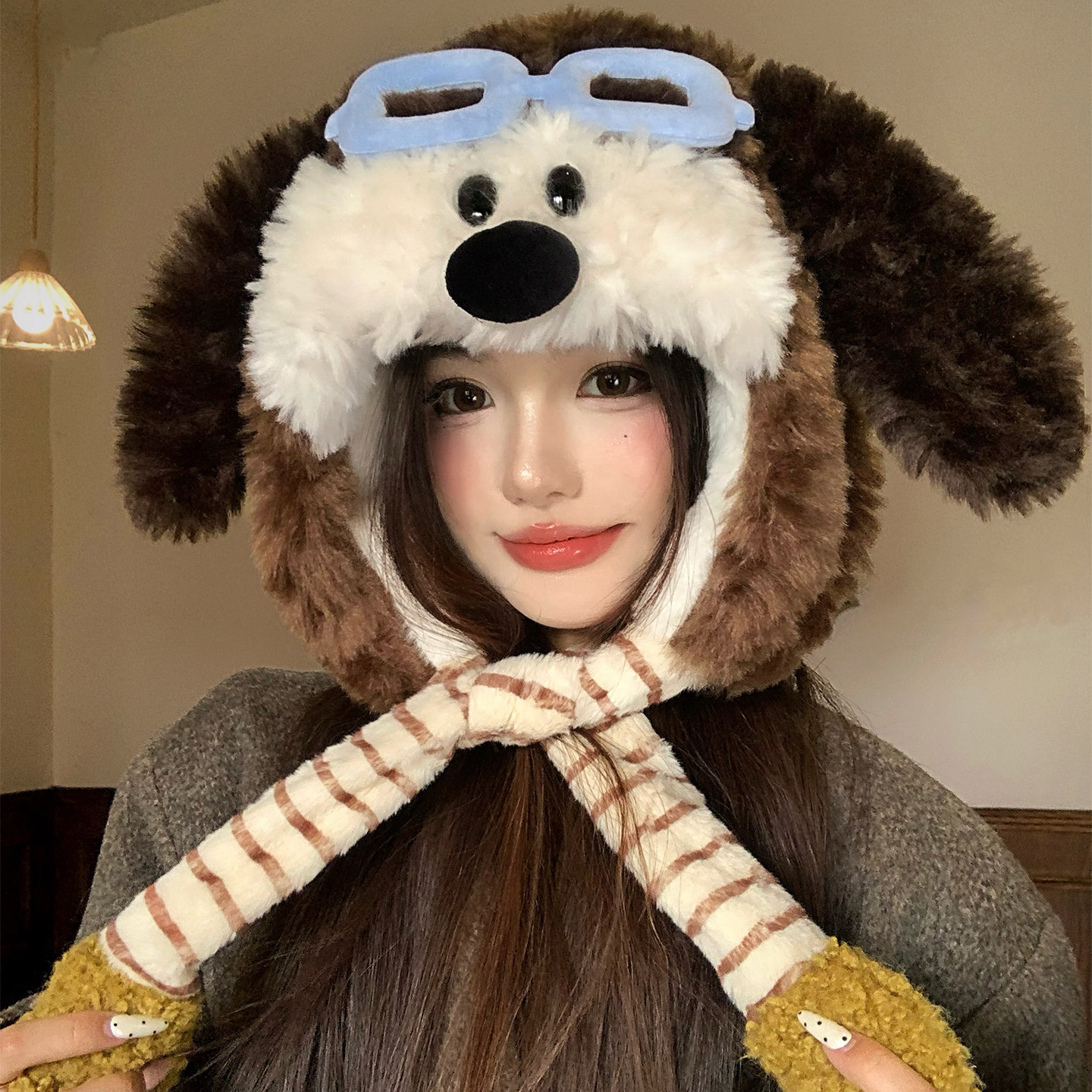 可爱眼镜小狗飞行帽女冬季加厚保暖防寒户外滑雪护耳毛绒雷锋帽子