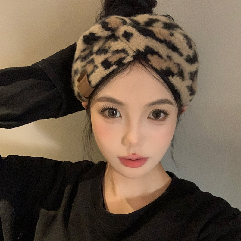 复古豹纹针织洗脸发带女秋冬季