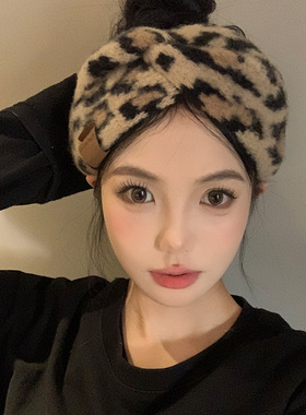 复古豹纹针织洗脸发带女秋冬季
