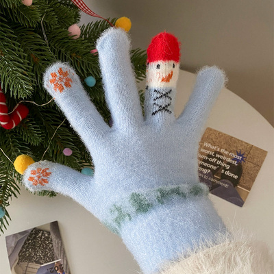 新年圣诞红帽小雪人蓝色针织手套