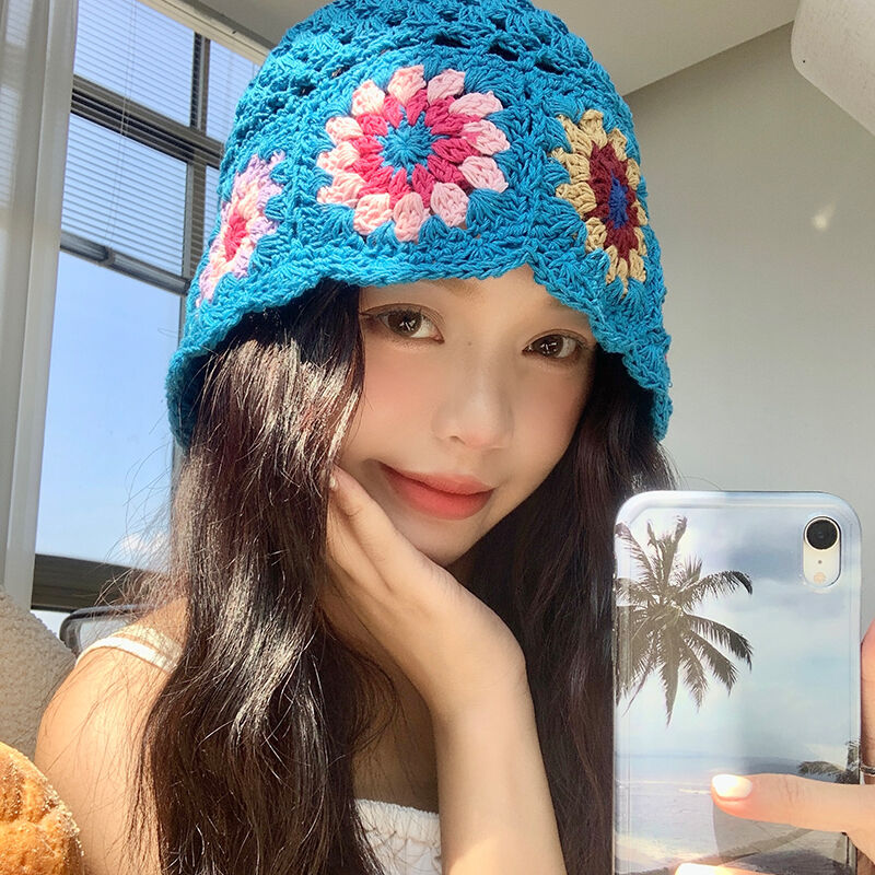针织帽女夏季韩版镂空渔夫帽可爱彩色编织毛线帽子显脸小水桶帽潮