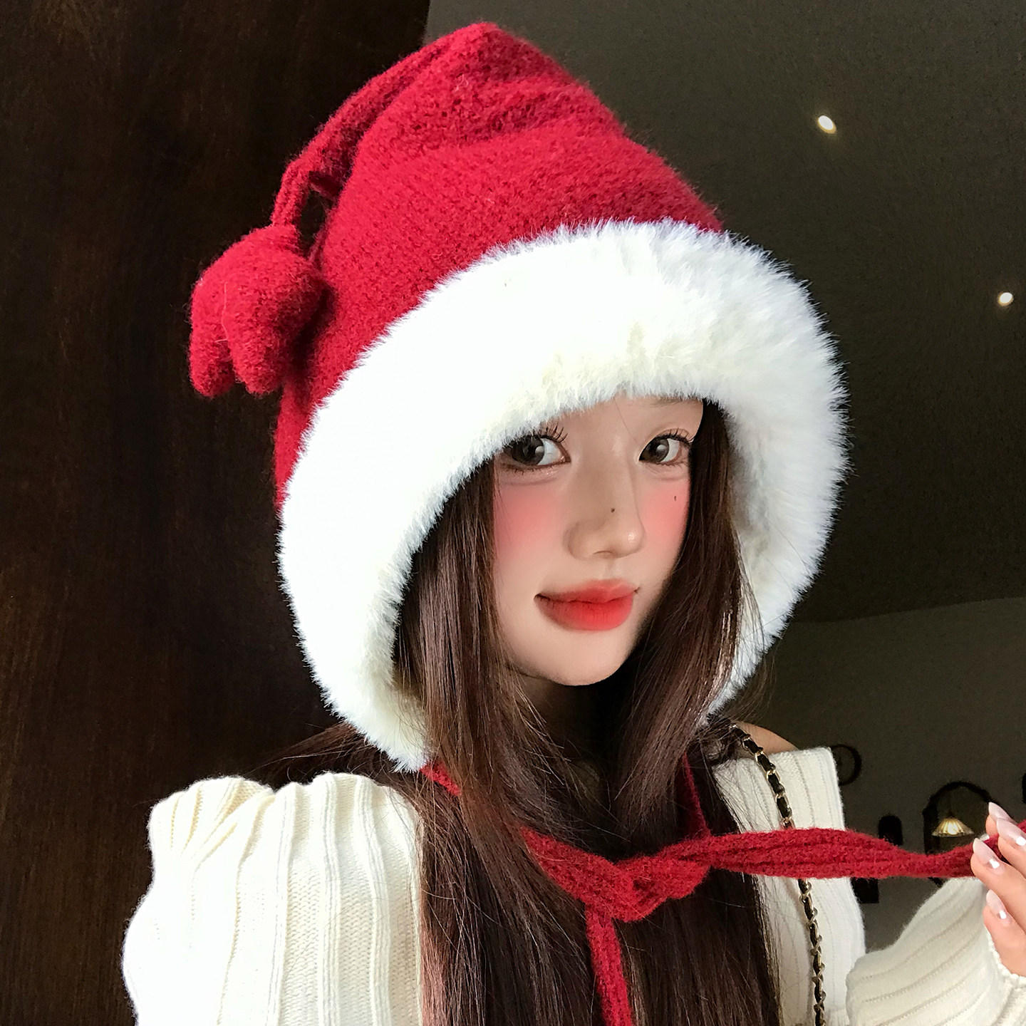 红色可爱毛绒星星绑带针织帽女秋冬季保暖护耳圣诞氛围感毛线帽子