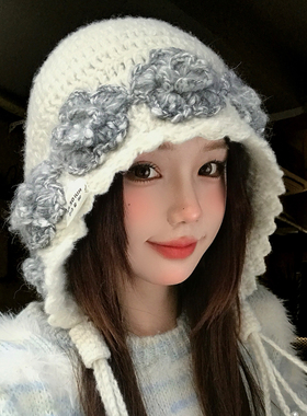手工花朵珍珠流苏针织帽女秋冬季