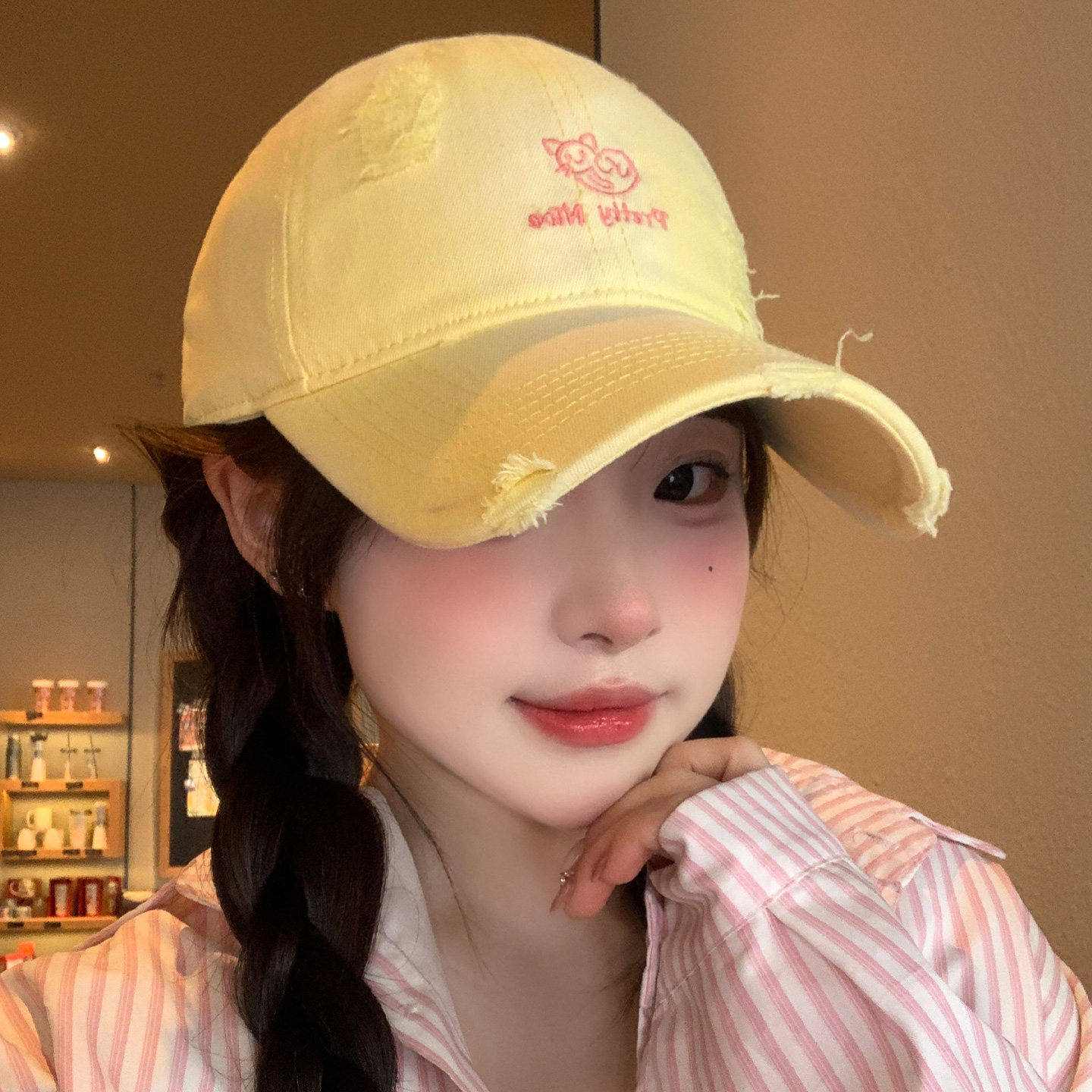 刺绣小猫做旧破洞黄色棒球帽女生大头围宽帽檐大脸显脸小鸭舌帽子,服饰配件/皮带/帽子/围巾,帽子,淘宝优惠券,粉丝福利购,淘宝优惠卷