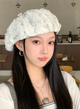 甜美白色蕾丝网纱贝雷帽女大头围