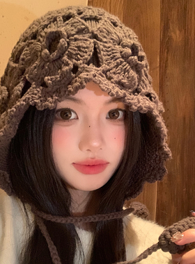 废土风手工编织花朵包头帽子女