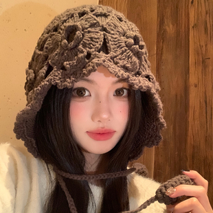 废土风川西旅游手工编织花朵包头帽子女秋冬季美拉德咖针织套头帽