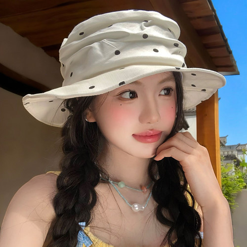高级感白色波点褶皱渔夫帽女夏季