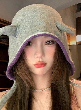 可爱羊角灰紫撞色针织绑带包头帽