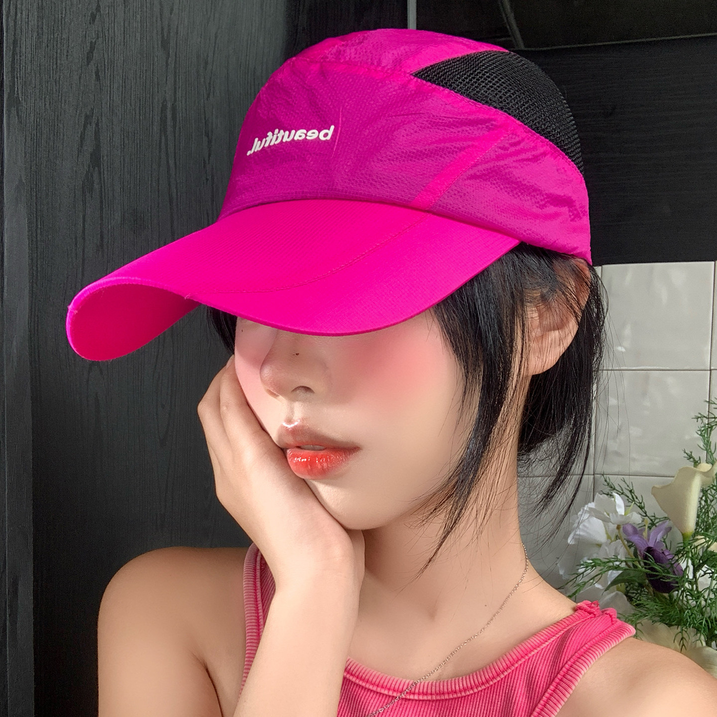 玫红色网眼速干棒球帽女夏季薄款图片