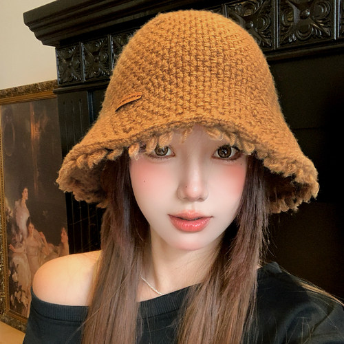 美拉德复古棕色毛边针织渔夫帽女