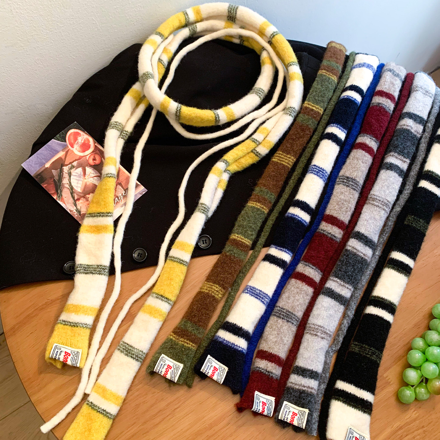 时髦单品！双根条纹细窄长条小围巾女秋冬高级感百搭保暖护颈围脖