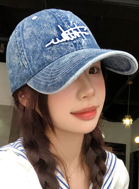 美式字母刺绣蓝色牛仔棒球帽女宽帽檐加大加深大头围硬顶鸭舌帽子