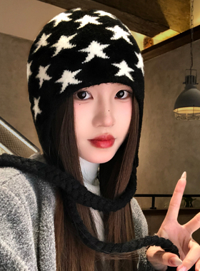黑色星星提花针织护耳帽女冬季